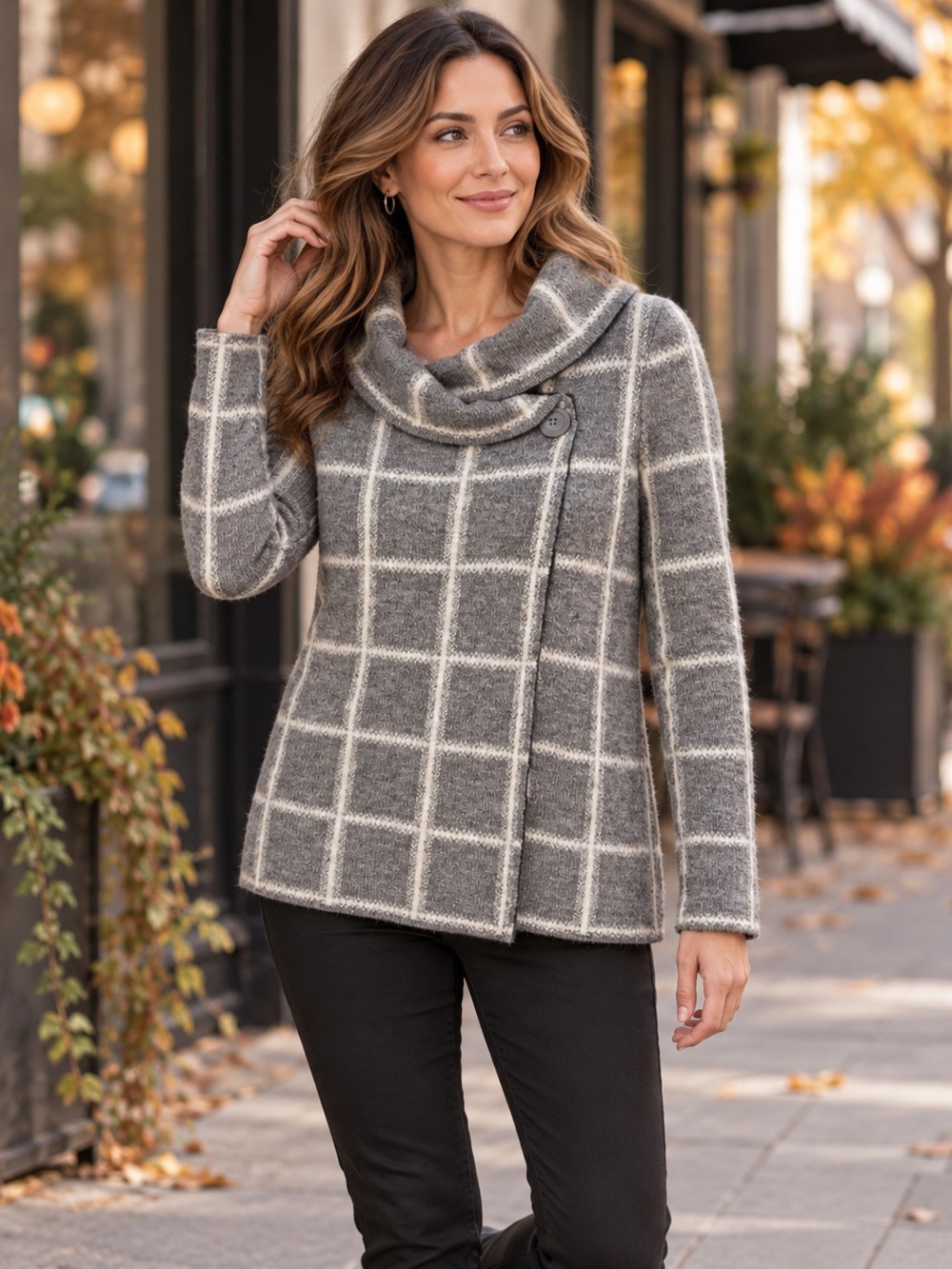Ellen Tracy Funnel Neck Wool Blend Windowpane Plaid Sweater Jacket Grey L